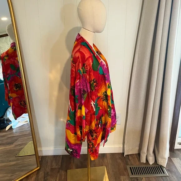 Vintage 80s Artsy Floral Multi-Colored Washable Silk Kimono Style Shirt Wrap - Picture 2 of 6